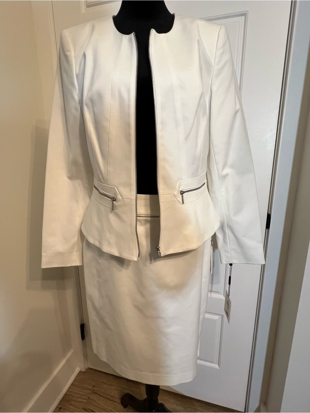 Calvin Klein White Zip-Front Skirt Suit Set